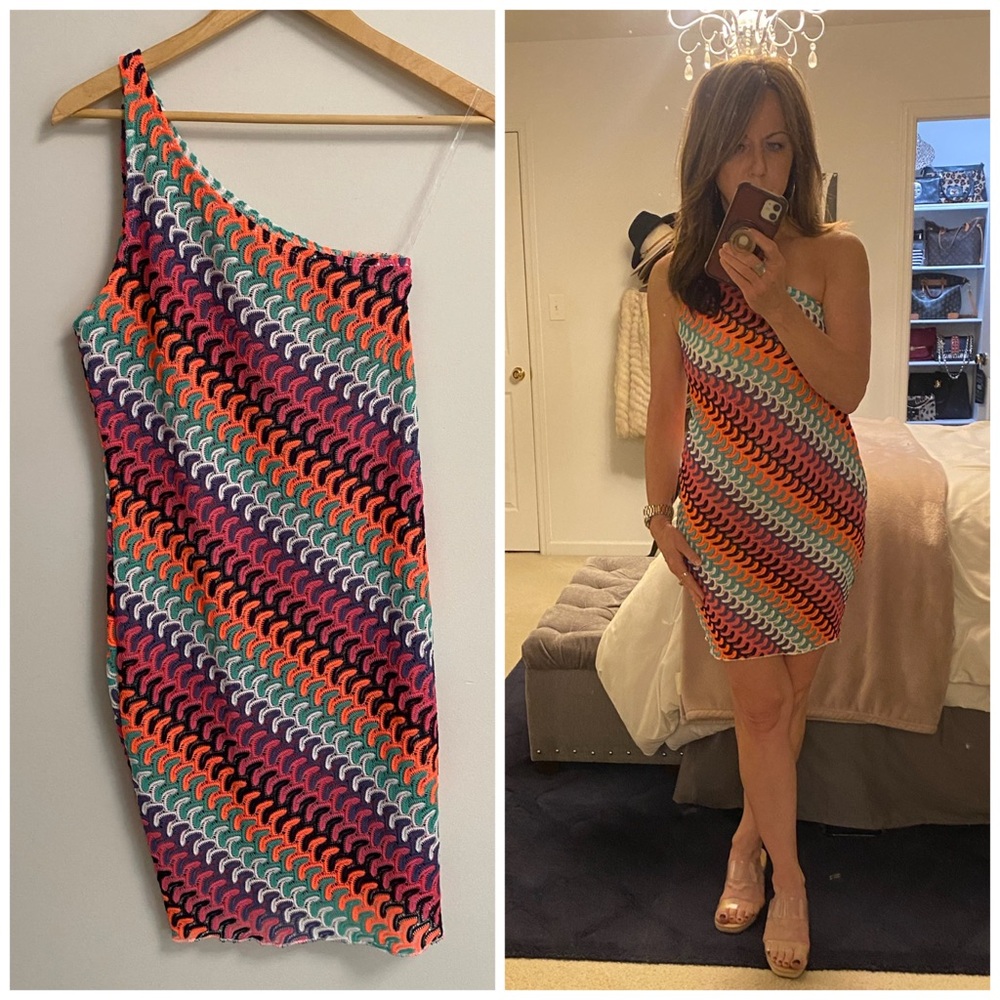 NWOT One-Shoulder Wave Knit Dress, Coral, Teal, Purple, White, Pink MEDIUM